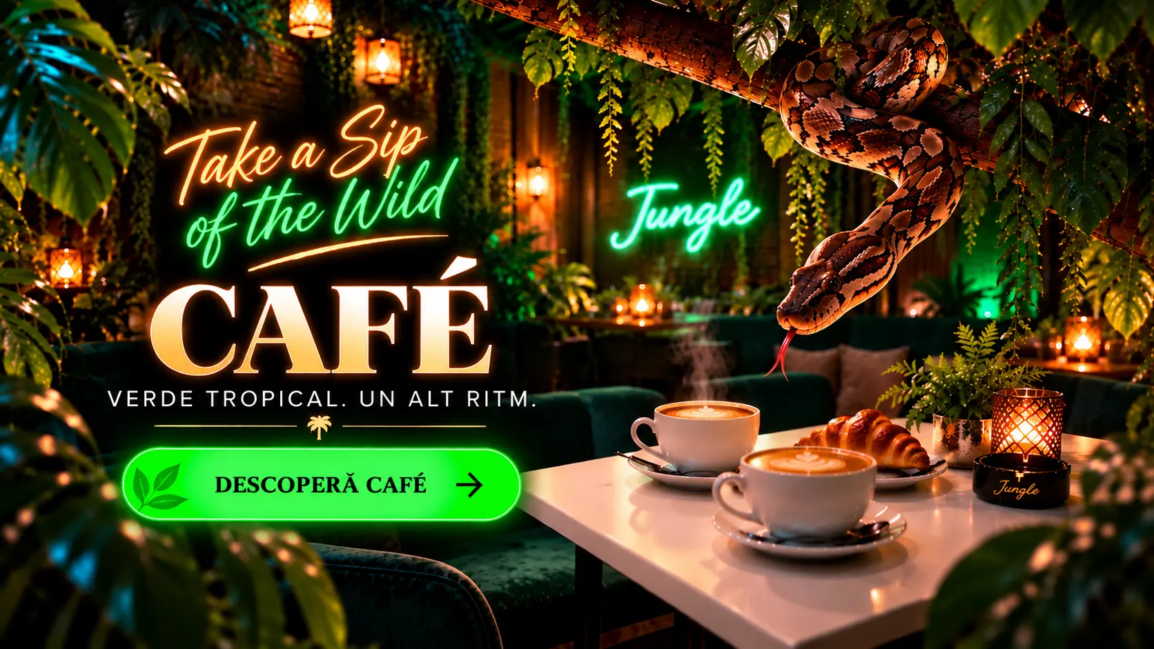 Afișul Jungle Café: șarpele pe creangă, neonul Take a Sip of the Wild și ceștile de cafea
